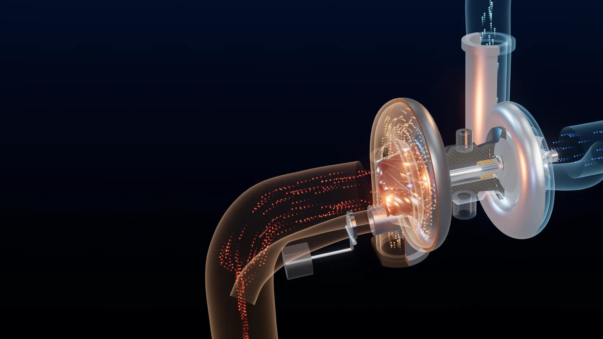 Cutaway 3D visualization of a turbocharger, revealing its turbine, compressor and orange and blue airflow paths.